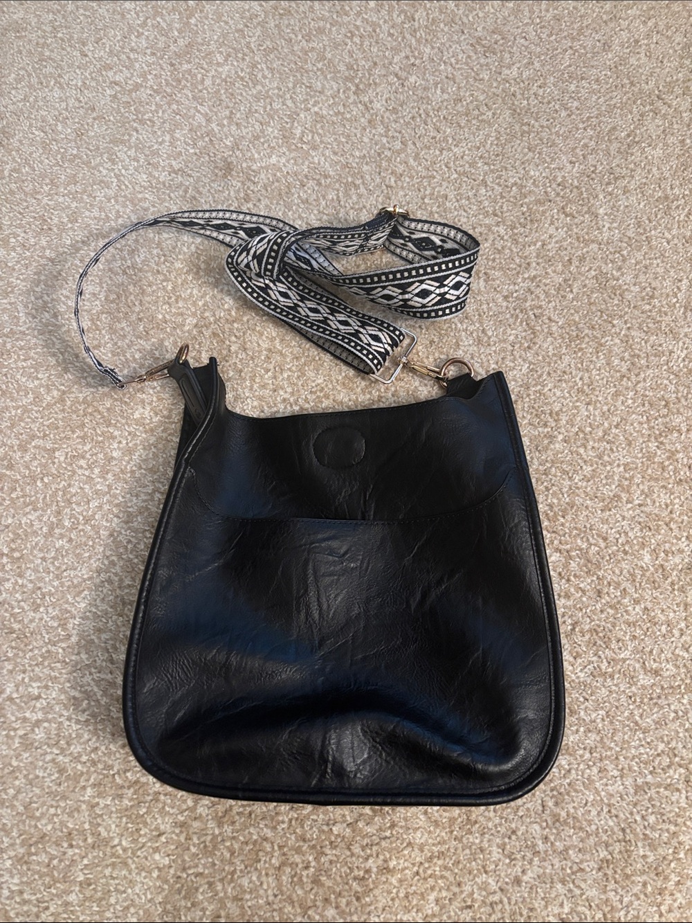 Ahdorned Classic Black Leather Crossbody with Patterned Strap